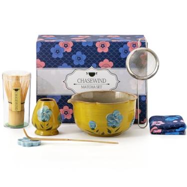 Imagem de ChaseWind Conjunto de batedor Matcha, conjunto matcha de 7 peças com tigela matcha de cerâmica pintada à mão, batedor e suporte matcha, colher e descanso, peneira, toalha de chá, kit de matcha