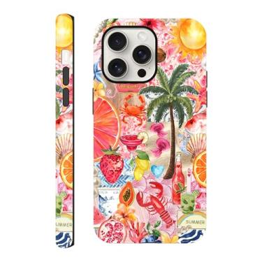 Imagem de Capa compatível com iPhone 15 Pro de 6,1 polegadas, colagem de praia de verão frutas e frutos do mar, capa de telefone de arte estética, capa rígida híbrida resistente a arranhões de 2 camadas para