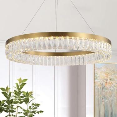 Imagem de Aheylity Lustre moderno dourado redondo LED cristal iluminação com luz de 3 cores lustres contemporâneos montagem embutida iluminação pendente para sala de estar sala de jantar quarto D31,5 H5,5