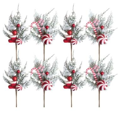 Imagem de Egolot 8 palhetas de bengala de doces de Natal de 33 cm com pinheiro fosco para grinaldas, árvore de Natal, palhetas de Natal com bolas de Natal para ambientes internos e externos, hastes vermelhas e