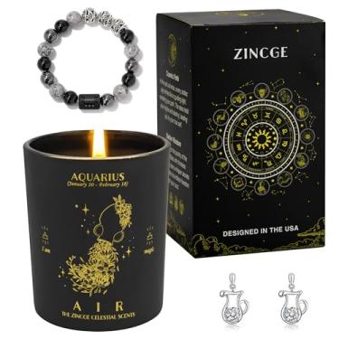Imagem de ZINCGE Conjunto de vela perfumada do zodíaco Aquarius para homens e mulheres – Vela de cristal de aroma rosa com pulseira e brincos, caixa de presente de astrologia, presentes de ano novo e celebração