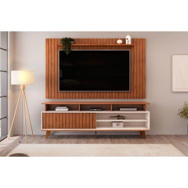 Imagem de Rack Bancada c/ Painel p/ TV até 65 Pol Lume/Flow Ripado Porta e Nichos 180x168cm Freijó/Off White - DJ Móveis