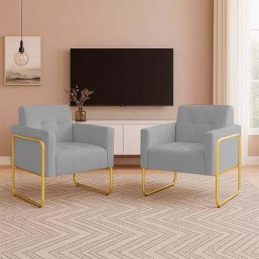 Imagem de Poltrona Sala Industrial Alta Tubo Dourado Kit 2 Elisa Veludo D03 - D'rossi Cor Cinza