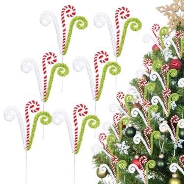 Imagem de 6 palhetas de árvore de Natal, decorações de Natal de bengala doce, enfeite de árvore de Natal de 40,6 cm, palheta de pirulito encaracolado de lã, vermelho, verde e branco, enfeites grandes para