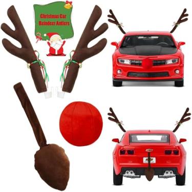 Imagem de Chifres de rena de carro com nariz e cauda vermelhos - Rena de Natal para enfeites de carro, kit festivo de chifres de Rudolph Decoração de Natal para SUV Van Truck