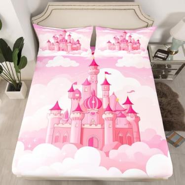 Imagem de jejeloiu Jogo de lençol solteiro castelo rosa para crianças, meninos, meninas, princesas, 40,6 cm, com bolso profundo, microfibra macia e respirável, para decoração de quarto kawaii