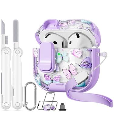 Imagem de Skyconser Capa com trava de segurança para Apple AirPods 4, capa floral transparente para AirPod 4ª geração com suporte de telefone e kit de limpeza para mulheres - roxo + borboleta