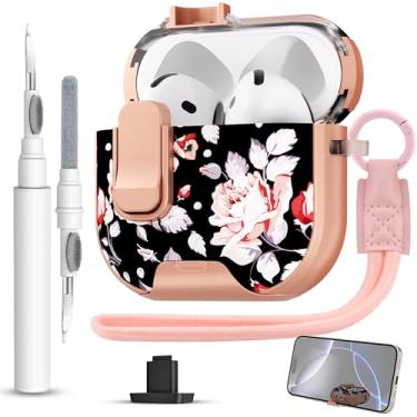 Imagem de Meiyasy Capa protetora bloqueável para AirPods 4 gerações, capa rígida estilo feminino com kit de limpeza e alça de mão para Apple AirPods 4 (pétalas de rosa)