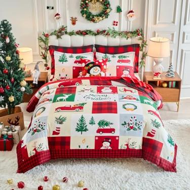 Imagem de Conjunto de capa de edredom de Natal Queen com boneco de neve, árvore de Natal, patchwork xadrez vermelho e preto, conjunto de cama de férias inclui 1 capa de edredom e 2 fronhas, perfeito