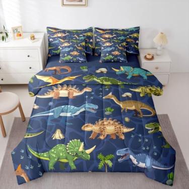Imagem de Feelyou Conjunto de edredom completo de dinossauro fofo com desenho animado de dinossauro, 7 peças, selva, dinossauro, decoração de quarto de microfibra macia