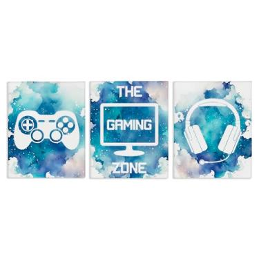 Imagem de Stupell Industries Blue Gamer Splatters Conjunto de arte de parede em tela de 3 peças, design por Marcus Prime, 20 x 16