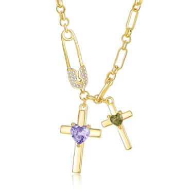 Imagem de SilvecFantasy Colar de cruz de ouro para mulheres, pingente de cruz dupla de 14 K, pino de segurança delicado, 2 pedras do nascimento, clipe de papel, corrente de fé, joias modernas, presentes