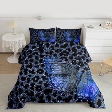 Imagem de jejeloiu Jogo de cama Queen com estampa de leopardo azul e borboleta, estampa de glitter, 3 peças com 2 fronhas