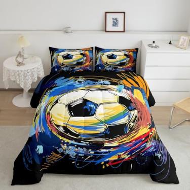 Imagem de Feelyou Conjunto de cama de futebol para meninos, tamanho queen, futebol, esportivo, conjunto de edredom para crianças, estilo grafite, preto, colorido, conjunto de edredom com 3 peças