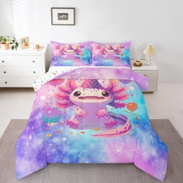 Imagem de Erosebridal Jogo de cama casal com desenho animado de axolotl, salamandra, vida selvagem, azul, rosa, gradiente, colorido, balões para crianças, meninas, meninos, aquarela, vida selvagem, caminhada