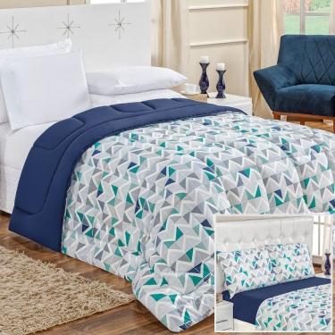 Imagem de Edredom 2,40 X 2,20m + Jogo De Cama Malha Quality Queen 05 Peças 100% Algodão - Geométrico Azul
