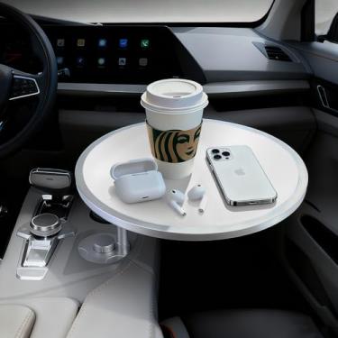 Imagem de Bandeja de carro e mesa de carro para laptop com 2 suportes e almofada antiderrapante, suporte de copo giratório de 360° para trabalhar e comer compatível com Tesla Model 3/Y/S, Ford F150/Explorer