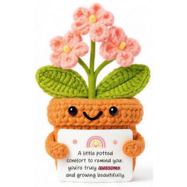 Imagem de Canmuchful Lindo presente de incentivo de flores de crochê – Estatueta em vaso feita à mão com suporte emocional positivo, presente inspirador para mulheres amigas, decoração de mesa de aniversário e