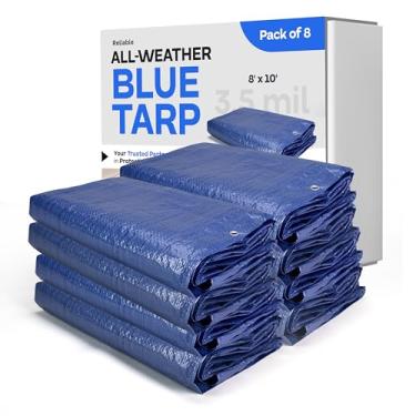 Imagem de Lonas azuis à prova d'água 20 x 25 cm, pacote com 8 - Lona de acampamento de 3,5 mm de espessura feita nos EUA para carro, barco e capa de armazenamento - Lona de poliéster resistente com ilhós para
