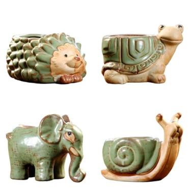 Imagem de Conjunto de plantas suculentas de resina de 4 peças, mini vasos com tema animal com drenagem, tartaruga caracol ouriço elefante, vasos de flores decorativos para casa ou escritório