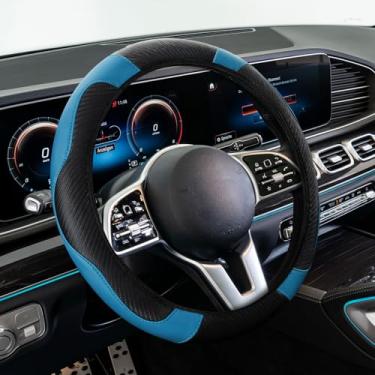 Imagem de Lyxheth Capa de volante de carro, protetor de volante, protetor de volante elástico de couro de microfibra de fibra de carbono de 38 cm, acessórios de volante de carro para veículos (preto azul)