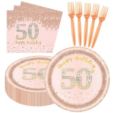 Imagem de 60 peças de decorações de aniversário de 50 anos para mulheres, pratos e guardanapos de 50º aniversário, conjunto de utensílios de mesa descartáveis em ouro rosa, suprimentos de festa para mulheres