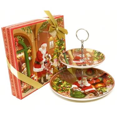 Imagem de Prato redondo vermelho de porcelana com suporte de frutas para bolo de Natal com caixa de presente, conjunto de exibição de cupcake, bandeja de confeitaria de cerâmica, bandeja de torres para