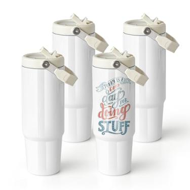 Imagem de AGH Pacote com 4 copos brancos de sublimação de 850 g com alça e canudo, copos isolados a vácuo de aço inoxidável de parede dupla com tampa de enchimento, caneca de viagem à prova de vazamento para
