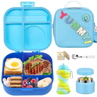 Imagem de Lancheira infantil Bento com garrafa térmica de sopa de 340 g, recipiente de comida à prova de vazamento para almoço infantil com 4 compartimentos, lancheira isolada e copo de água para meninas e
