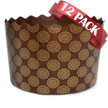 Imagem de Molde de papel panetone padrão de 425 g | Pacote com 12 | Moldes de papel panetone antiaderentes redondos marrons - Design padrão marrom L 13 x A 8,5 cm