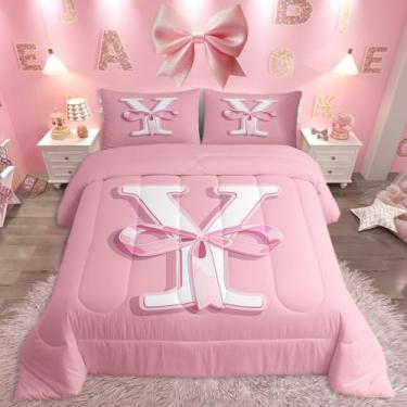 Imagem de jejeloiu Conjunto de cama com laço rosa, presente personalizado para meninas adolescentes, solteiro, decoração com letra Y e monograma, ultramacio, kawaii, rosa, conjunto de edredom moderno