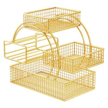 Imagem de Llazsybz Cesta de Ferro com Vários Níveis, Fruteira com Bandeja para Petiscos E Porta-lenços, Ideal para Decoração de Casa. Prateleira, Dourado, Tamanho real