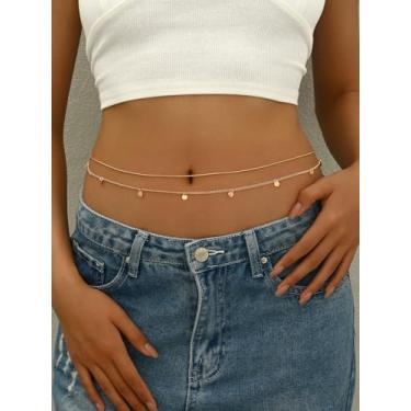 Imagem de Elegante corrente de cintura dourada em camadas para mulheres – Corrente de barriga de camada dupla delicada com pingentes de mini disco, joia de corrente corporal minimalista ajustável para praia