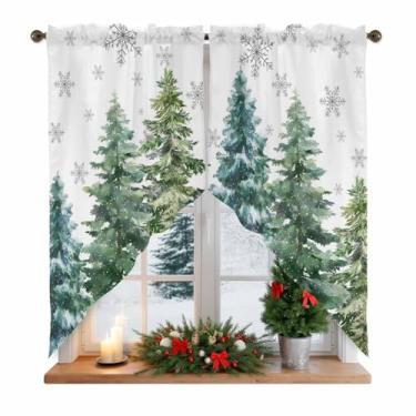 Imagem de Cortina de árvore de Natal para janelas, árvore de Natal verde floco de neve swag cortinas de cozinha para sala de estar/quarto, decoração de janela em camadas de casa de fazenda Feliz Natal, 2