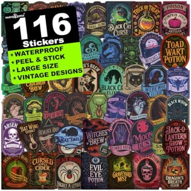 Imagem de PARTH IMPEX Etiquetas de garrafa de boticário - 116 peças vintage decoração de garrafas de poção de Halloween adesivos de veneno assustador para frascos suprimentos de festa decoração vodu gótico