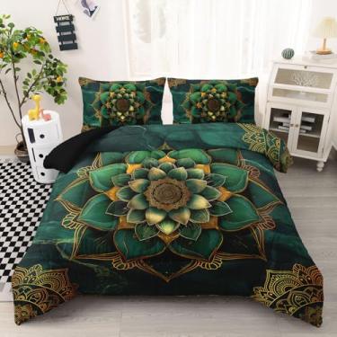 Imagem de AILONEN Conjunto de edredom floral de mármore, tamanho queen, mandala, ouro verde, boêmio, microfibra macia, para quarto, flor boêmia, com 2 capas