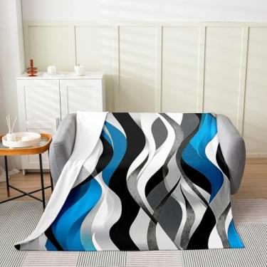 Imagem de Cobertor de flanela com listras pretas azuis, manta geométrica abstrata, listrada, ondulada, arte contemporânea, geométrico, aconchegante, para cama, sofá, simples, macio e respirável, tamanho Queen