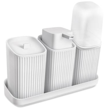 Imagem de Kit 3 Acessórios para Banheiro com Bandeja – Dispenser Sabonete Líquido 400ml, Porta Algodão e Porta Escovas | Organização e Decoração Moderna(Branco)