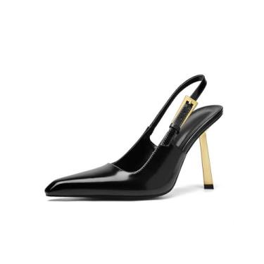 Imagem de CAGLGLZ Salto Slingback feminino bico fino salto alto stiletto sandálias de metal tira no tornozelo sandálias de couro vestido casamento trabalho banquete sapatos sapatos, Preto, dourado, 35