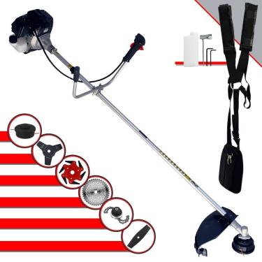 Imagem de Roçadeira Com Sistema Antivibração Toyama RT43LB-25A À Gasolina 2T 43cc 1,7HP de Potência Alta Rotação Com Carretel Nylon + Kit 5 Lâminas de Cortes