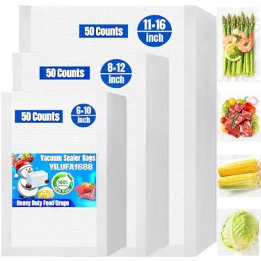 Imagem de 150 sacos seladores a vácuo para sacos de congelador para economia de alimentos, 50 litros, 15,2 x 25,4 cm, 20,3 x 30,5 cm, 28 x 40,6 cm, armazenamento de alimentos pré-cortados, selo a vácuo de grau