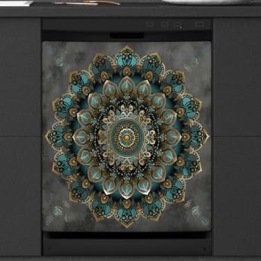 Imagem de Capa magnética para lava-louças, mandala vintage étnica magnética para decoração de lava-louças, capa de porta magnética para lava-louças, decalque para cozinha, eletrodomésticos, 58 x 66 cm
