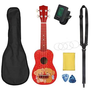 Imagem de Ukulele infantil Ukulele 53 cm Havaí urso fofo instrumento de guitarra 4 cordas basswood ukulele soprano mini conjunto de guitarra saco de piano acessórios ukelele (cor: conjunto de ukulele)