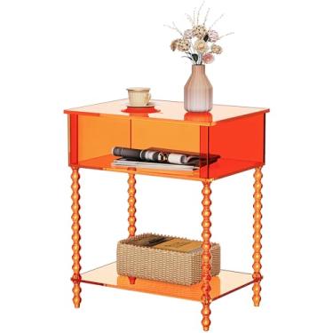 Imagem de Dewrhiixe Mesa lateral de acrílico, mesa de canto transparente de 3 camadas com armazenamento, mesa de cabeceira para sala de estar, quarto, escritório (laranja, médio)