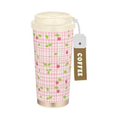 Imagem de SEHANY Caneca de viagem de cereja fofa de 482 g Copos de café reutilizáveis revestidos de cerâmica com tampa à prova de vazamento, parede dupla, isolamento a vácuo, copo de café de aço inoxidável para