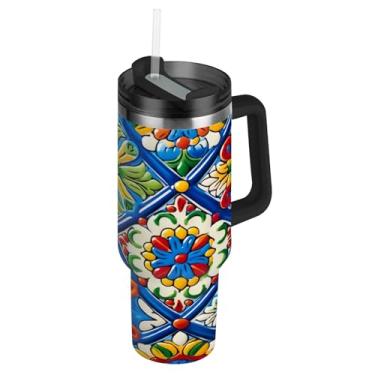 Imagem de Blueangle Copo de cerâmica mexicano de 850 g com alça e tampa de palha, caneca de viagem de aço inoxidável isolada a vácuo de parede dupla, garrafa de água reutilizável para academia de escritório ao