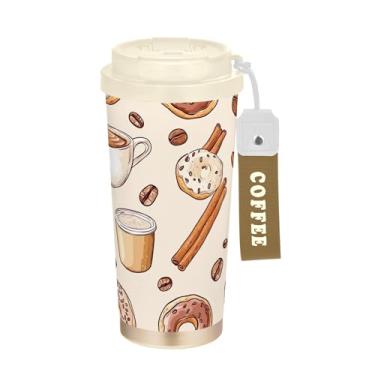 Imagem de SEHANY Caneca de viagem com estampa de café fofa de 482 g Copos de café reutilizáveis revestidos de cerâmica com tampa à prova de vazamento, parede dupla, isolamento a vácuo, copo de café de aço