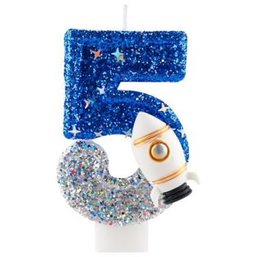 Imagem de Vela de 5º aniversário com glitter foguete espacial número 5 velas azul prata topo de bolo decorações vela feliz aniversário para meninas meninos artigos de festa de aniversário
