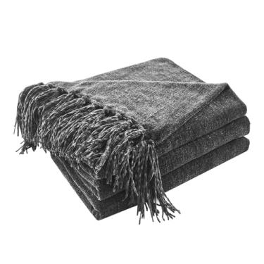 Imagem de CozeCube Cobertor de chenille para sofá, cobertor aconchegante felpudo decorativo cinza carvão com franjas, mantas leves para cama, sofá, presente, decoração de casa, 127 x 152 cm
