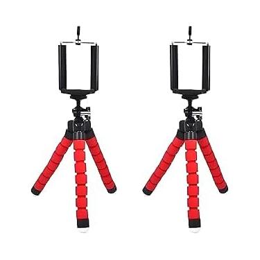 Imagem de Kit 2 Mini Tripé 3 Pernas Flexível Ajustável Profissional Universal com Suporte para Celular e Câmera – De Mesa, Base Antiderrapante, Portátil e Leve Chegando a Até 360 Graus de Rotação (Vermelho)